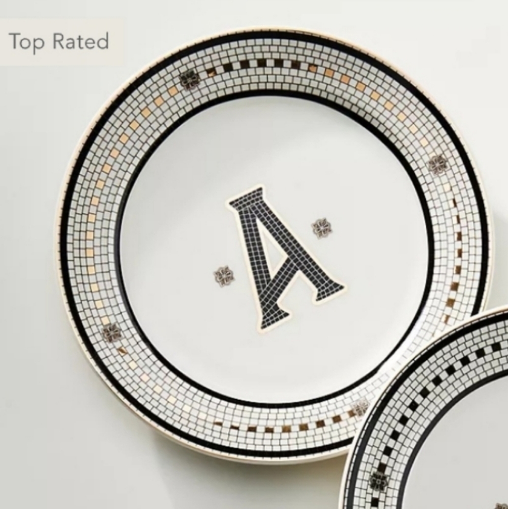 Anthropologie White, Black & Gold Mosaic Monogram Dinner Plate (A)